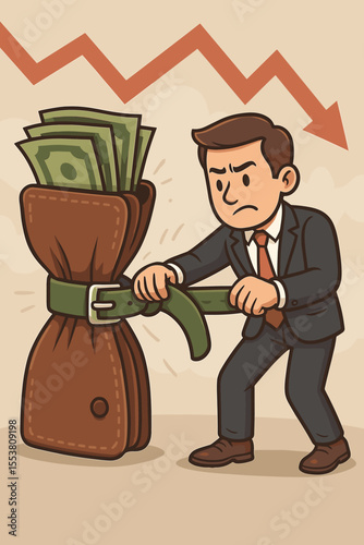 Businessman tightening belt on a money bag, a metaphor for budget cuts and austerity. Concept for economic downturn, recession, financial crisis, inflation, and cost savings. Vector.