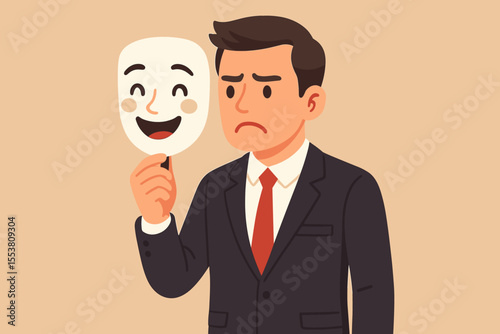 Sad businessman holding happy smile mask to hide real feelings. Concept of hypocrisy, fake emotion, two-faced personality, professional burnout, depression, and mental health issues.