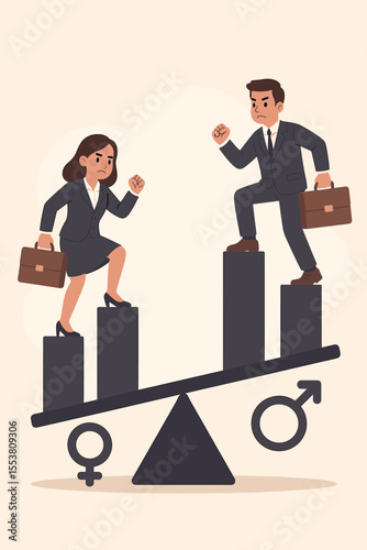 Gender discrimination concept showing unequal career opportunities. Businesswoman and businessman on an unbalanced scale. Metaphor for sexism, gender gap, and inequality at work.