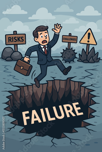 Business failure concept. Businessman stumbles into a pitfall trap. Metaphor for career crisis, financial risk, and challenges. Warning about obstacles, bankruptcy, and danger.