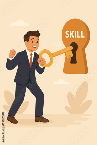 Businessman unlocking skill with key. Professional development, skill enhancement, personal growth, and career advancement concept. Unlocking potential, opportunity for success. Vector.