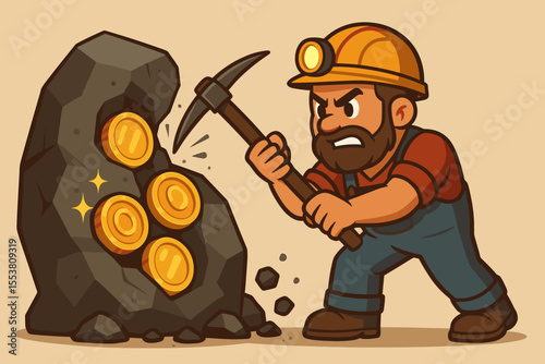 Determined miner chiseling stone with pickaxe to uncover gold coins. Metaphor for perseverance, hard work, reward, and wealth acquisition. Business success concept. Cartoon vector.