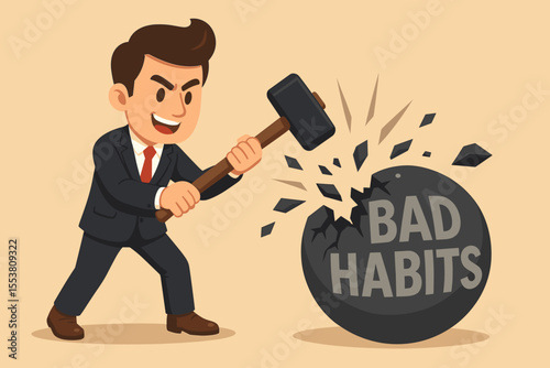 Businessman breaking bad habits concept. Man with sledgehammer smashing heavy stone burden. Metaphor for change, self-improvement, willpower, motivation and overcoming addiction.