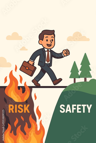 Risk management concept with businessman crossing chasm from fire and danger to safety. Business metaphor for overcoming challenges, strategy, security, success and growth.