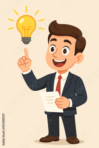 Businessman having a creative business idea. Happy cartoon character pointing at a glowing lightbulb. Concept of innovation, eureka moment, solution, strategy, and inspiration.