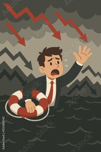 Businessman drowning in a sea of debt during a financial crisis. Concept for economic recession, bankruptcy, stock market crash, and business failure. Panicked man needs rescue.
