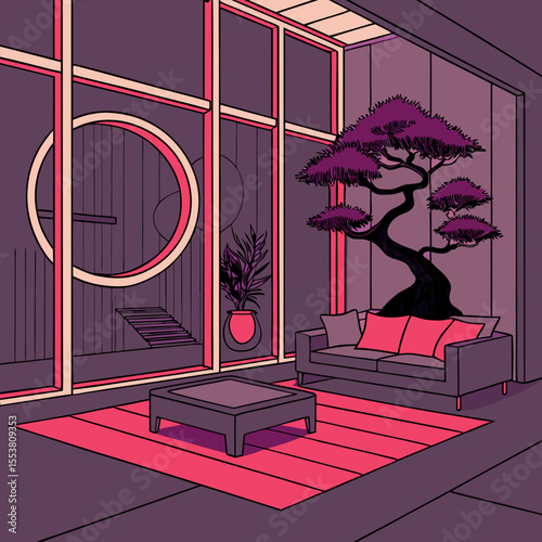 Stylish Modern Living Room with Bonsai Tree