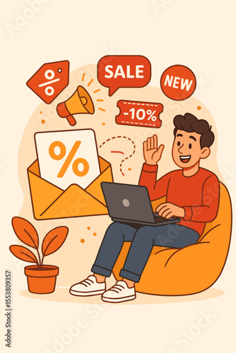 Email marketing campaign concept. Happy man with laptop receives promotional newsletter with discount coupon. Digital advertising for e-commerce sales, special offers, customer loyalty.