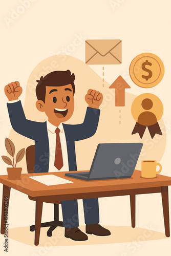 Excited employee receives job offer email with promotion opportunity and higher salary. Business concept for career advancement, recruitment, professional success, and new hire.