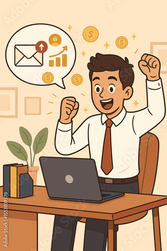 Happy businessman celebrates career advancement with a job offer email. Concept of recruitment, promotion, success, and a higher salary. Excited employee getting a new opportunity. Vector