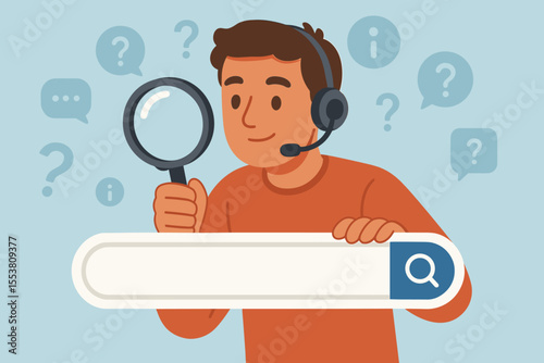 Customer support agent with headset searching for information. Man holding magnifying glass over search bar. FAQ, helpdesk, and technical support concept. Finding answers. Vector cartoon.