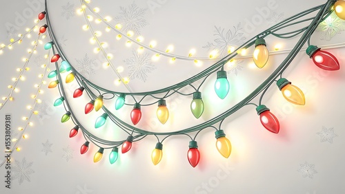 Colorful Christmas Lights with Glowing Bulbs and Snowflake Background Holiday Decoration