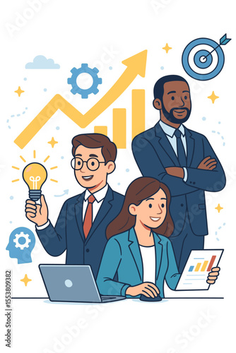 Business teamwork concept with diverse professionals. Leadership and expertise driving corporate growth and success. Innovation, strategy, and achieving goals. Vector illustration.