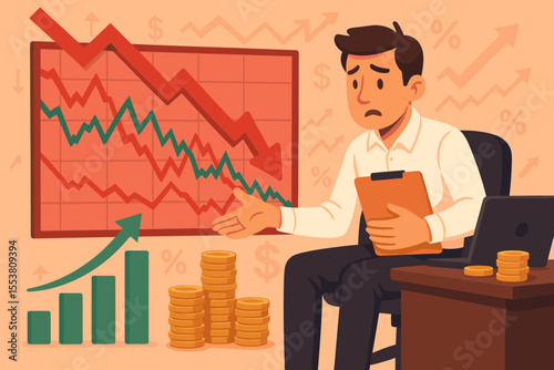 Stock Market Volatility Analysis. Investor Adjusts Portfolio for Risk Management, Minimizing Losses, Maximizing Returns. Financial Advisor, Declining Graph, Coins, Bar Chart, Investment Strategy