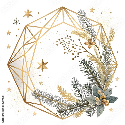 Elegant gold geometric frame with winter foliage stars and festive metallic accents on white