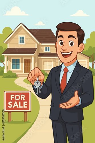 Real estate agent handing house keys to new homeowner. Cartoon vector illustration of property sale, home buying process, realty transaction, residential house for sale, real estate business concept