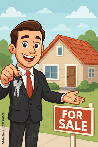 Real estate agent holding house keys, presenting home for sale, property transaction concept, realtor showing new house, buying and selling real estate, cartoon vector illustration, residential market