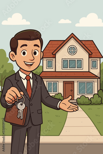 Real estate agent holding house keys, presenting home for sale, property transaction process, buying and selling real estate, cartoon vector illustration, residential housing market concept