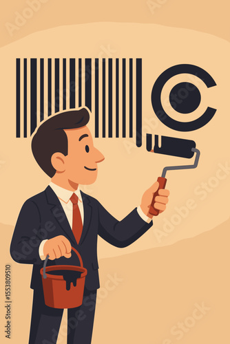 Businessman Painting Barcode and Copyright Symbol, Rebranding Strategy, Corporate Identity Transformation, Intellectual Property Protection, Vector Cartoon Illustration, No Text