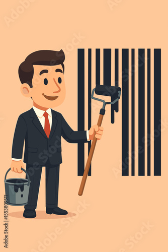 Businessman Painting Barcode with Paint Roller, Rebranding Strategy, Corporate Identity Change, Marketing Concept, Creative Cartoon Vector Illustration, Modern Business Transformation