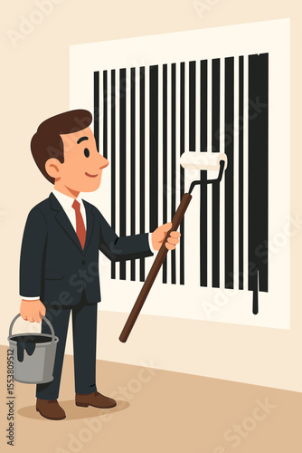 Businessman Painting Barcode with Roller for Rebranding Strategy, Corporate Identity Transformation, Marketing Innovation, Modern Business Concept, Vector Illustration, No Text
