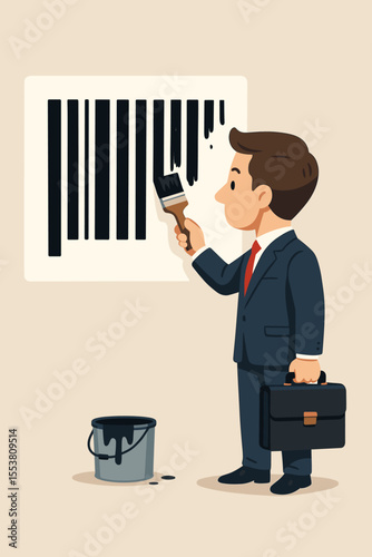 Businessman Painting Barcode for Rebranding Strategy, Corporate Identity Change, Innovation, Marketing Transformation, Modern Business Concept, Vector Cartoon Illustration, No Text