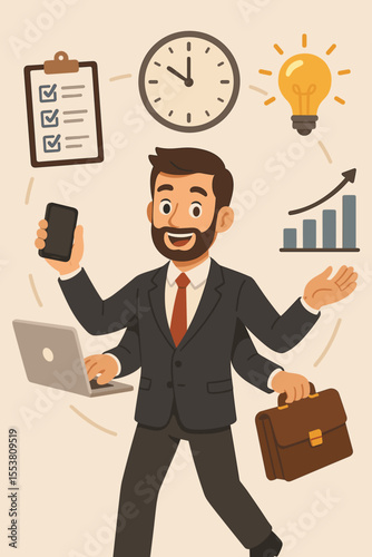 Multitasking businessman cartoon. Productivity management concept. Office worker juggling tasks, checklist, clock, ideas, growth chart, laptop, phone, briefcase. Time management illustration