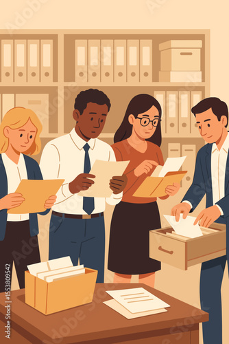 Office workers searching for files and organizing paperwork in archive room. Team collaboration, document management, business administration, teamwork, filing, records, flat vector illustration