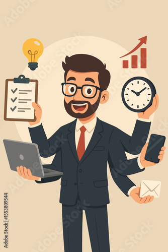 Multitasking businessman vector illustration. Productivity, time management, efficiency, leadership, project planning, communication, innovation, business growth, success, modern office concept