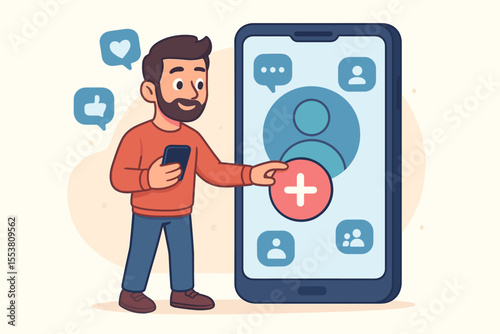 Cartoon man using smartphone to add new user on social media network, digital communication, online friend request, social connection, mobile app interface, vector illustration