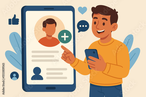 Social media engagement concept. Man using smartphone to add new user on social network platform. Digital communication, online profile connection, friend request, cartoon vector illustration