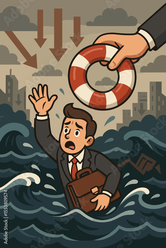 Businessman Drowning in Financial Crisis, Economic Downturn Rescue Concept, Cartoon Vector Illustration, Corporate Support, Market Decline, Lifebuoy Help, Survival in Troubled Economy