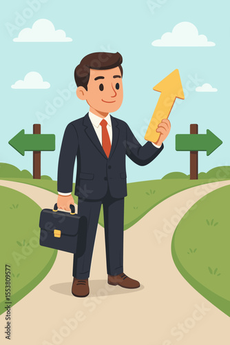 Businessman Decision Making at Crossroads Holding Arrow. Career Choice, Strategic Planning, Leadership, Opportunity, Success Path, Direction, Business Strategy, Vector Illustration