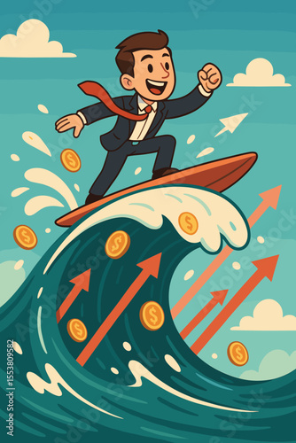 Ambitious businessman surfing giant wave of financial growth, success, and prosperity. Cartoon vector illustration with upward arrows, dollar coins, motivation, leadership, economic achievement