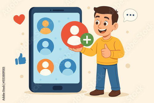 Social media engagement concept. Cartoon man adding new user friend on mobile app. Online network connection, digital communication, user profile, thumbs up, like, heart icon. Vector illustration.