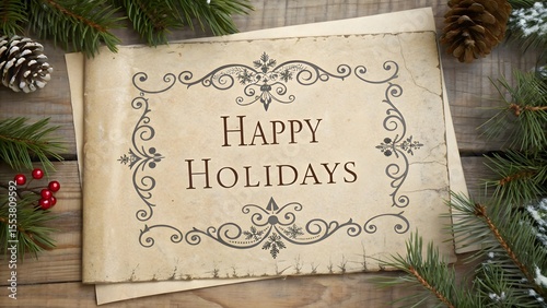 Vintage Holiday Greeting on Aged Paper with Winter Decoration