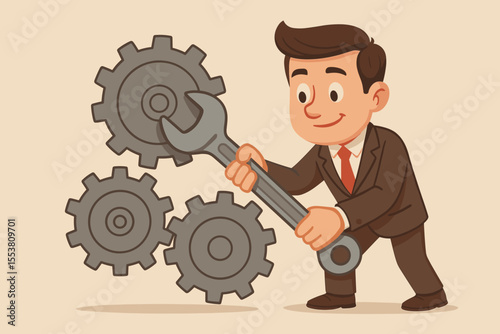 Cartoon businessman in suit fixing gears with wrench. Technical support, teamwork, problem solving, process optimization, maintenance concept. Vector illustration for business solutions.