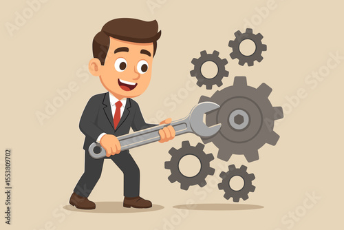 Cartoon businessman in suit holding wrench fixing gears teamwork concept. Business process optimization, technical support, maintenance, problem solving, workflow improvement, vector illustration