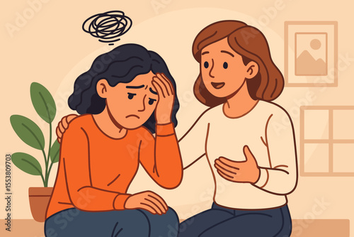 Compassionate friend comforting sad woman, mental health support, empathy, emotional care, depression, anxiety, counseling, therapy, supportive relationship, vector illustration, home interior