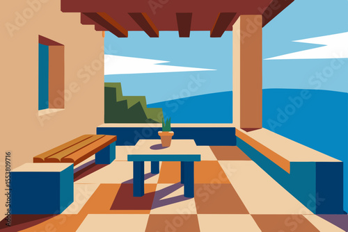 Luxury restaurant terrace with a stunning ocean view, perfect for summer relaxation