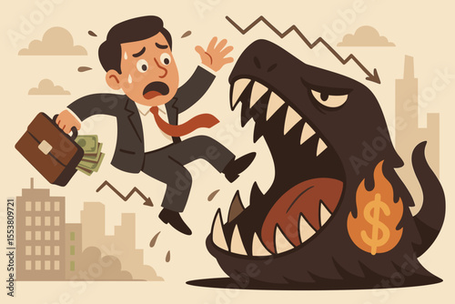 Businessman Facing Financial Crisis Monster. Greed, Corruption, Economic Downturn Concept. Aggressive Market, Risk, Bankruptcy, Money Loss. Vector Cartoon Illustration for Finance, Economy, Business