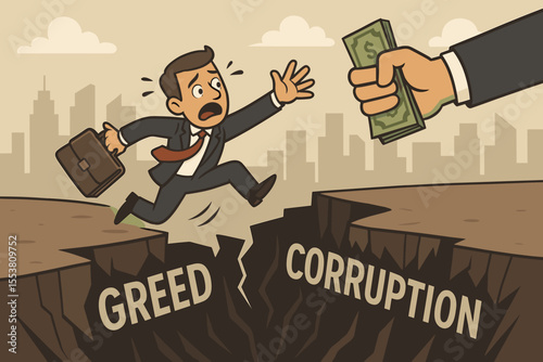 Businessman Jumping Over Chasm of Greed and Corruption for Money. Corporate Ethics Risk. Bribery, Unethical Behavior, Financial Temptation. Business Danger Concept City Background Vector