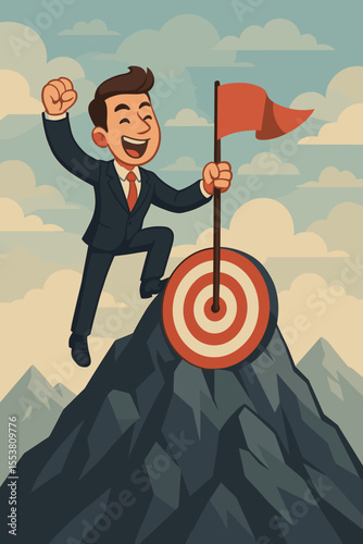 Successful businessman conquering mountain peak, planting victory flag on target, achievement, leadership, business success, goal accomplishment, motivation, ambition, vector illustration