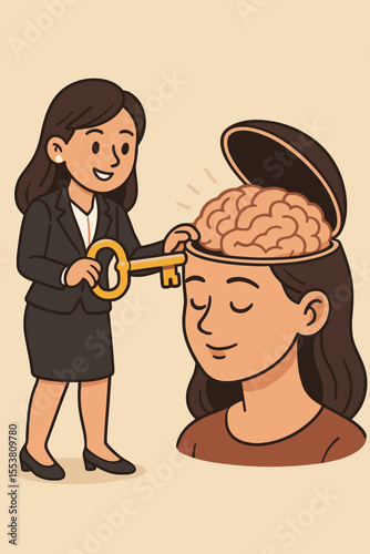 Businesswoman Unlocks Mind with Key, Concept of Mind Reading, Brain Access, Psychological Insight, Female Character, Unlocking Thoughts, Vector Cartoon Illustration, Mental Health Metaphor