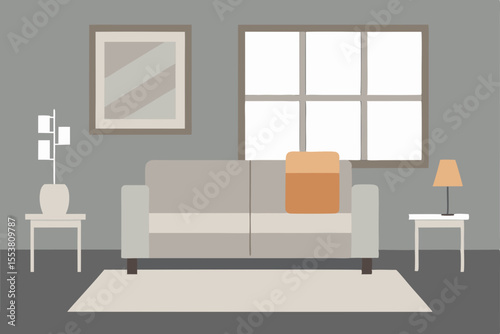 Modern apartment living room interior with a comfortable sofa, contemporary furniture, and stylish decor