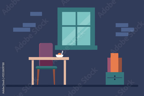 Modern office interior with stylish furniture, including a desk, chair, and bookshelf, creating an elegant and functional workspace design