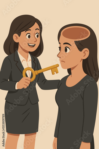 Businesswoman unlocking mind with key, concept of mind reading, psychology, thought access, leadership insight, mental health, cartoon vector illustration, corporate metaphor, empowerment