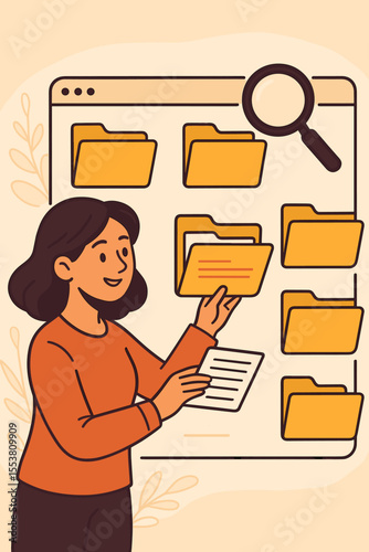 Woman organizing digital files and searching documents in online database folders. Data management, file organization, catalog search, document storage, workflow efficiency. Vector illustration