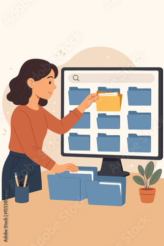 Woman organizing digital and physical files, searching documents in database folders, office management, catalog system, data organization, information storage, productivity vector illustration