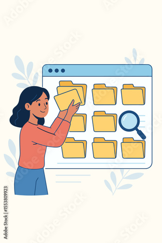 Woman organizing digital files in online database, searching and managing documents in catalog folders, data management, file organization, workflow efficiency, office archive concept vector
